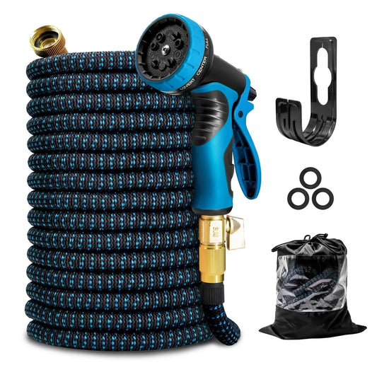 Expandable Garden Hose, Water Hose for outside with 10 Spray Nozzles, Hose Holder, Multi-Purpose Anti-Rust Solid Brass Connector, Leak-Proof Design, Blue, 75 Ft